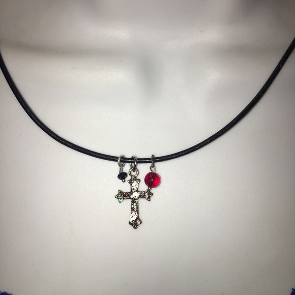 Cross charm necklace on black leather rope chain - Picture 3 of 3